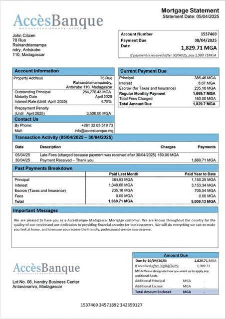 Download Madagascar AccèsBanque Madagascar mortgage statement Word and PDF template Photoshop template